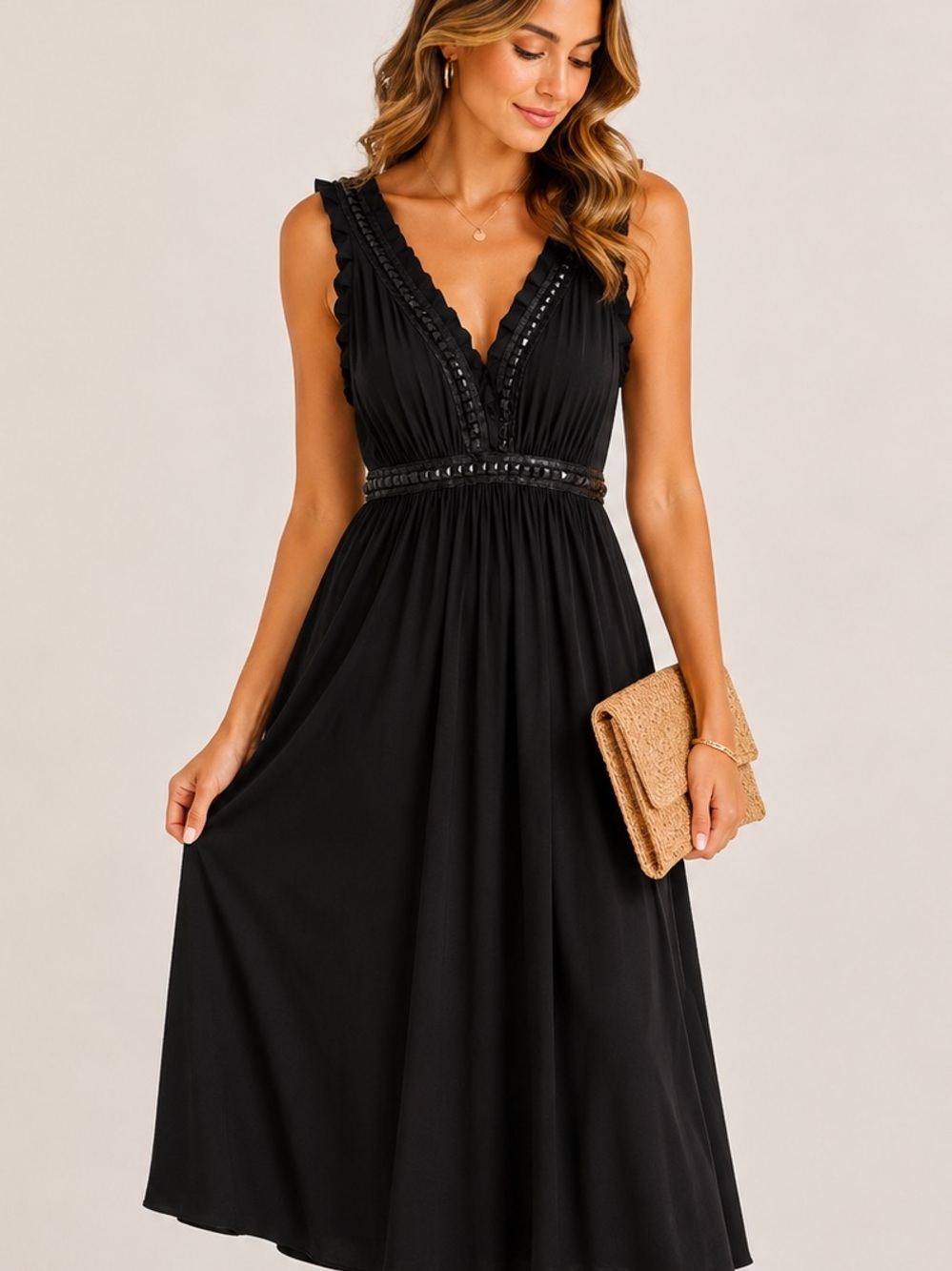 Metro Black Sleeveless V-Neck Midi Dress